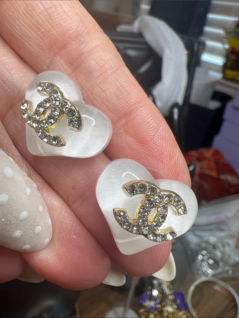 Clear and White Heart Stud Earrings - White